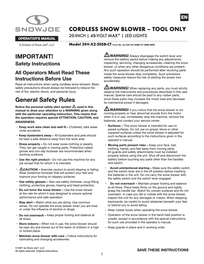 Page 1 of the manual User Manual Snow Joe 24V-X2-20SB-CT