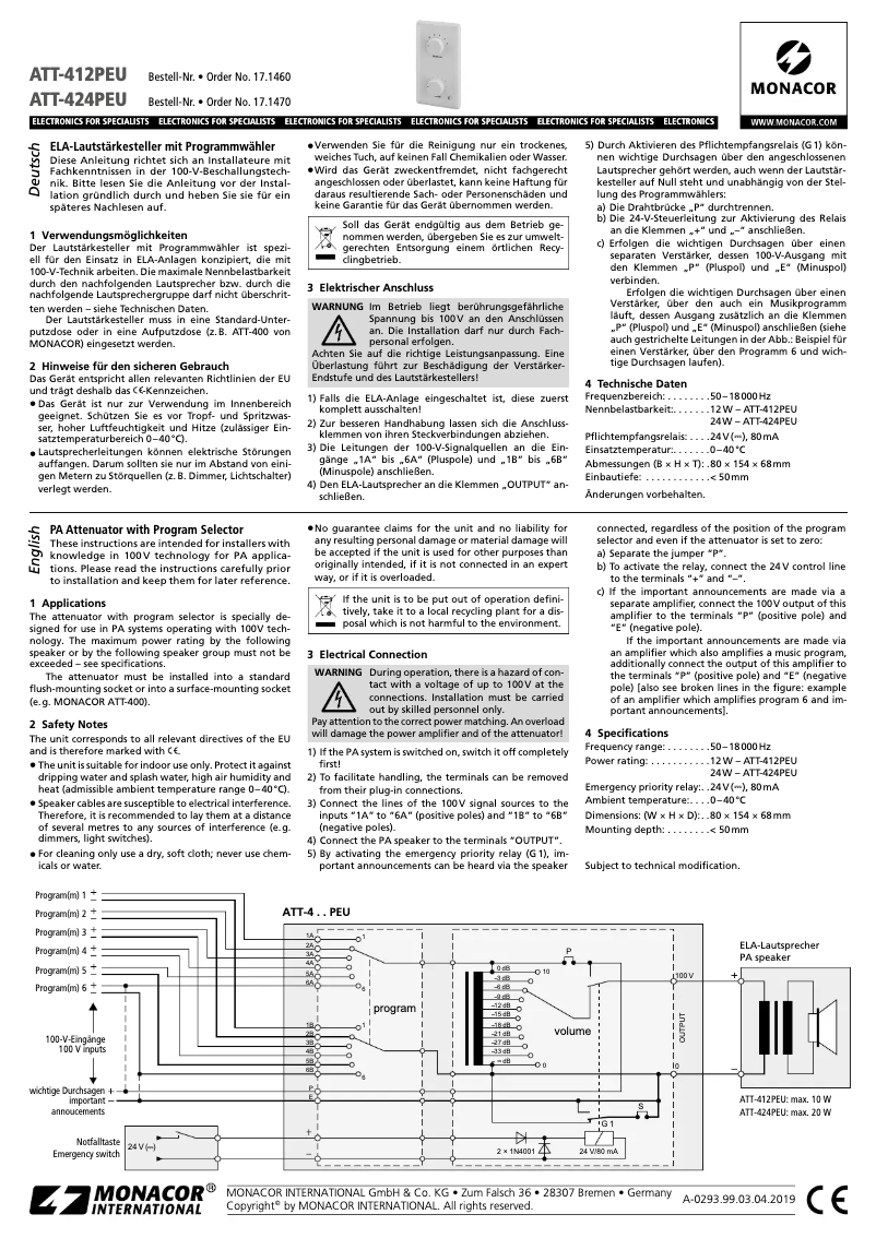 Page 1 of the manual User Manual Monacor ATT-424PEU
