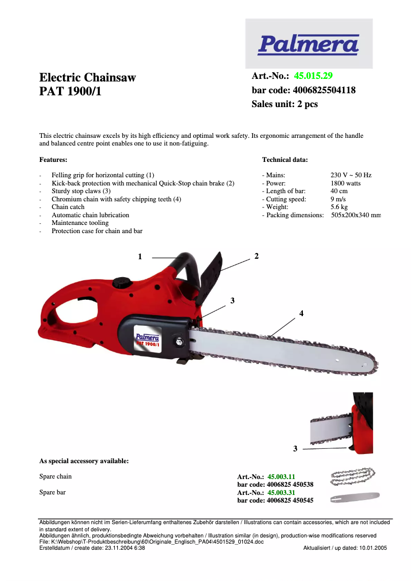 Page 1 of the manual Technical Sheet Palmera PAT 1900