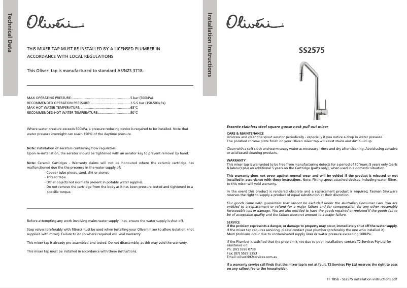 Page 1 of the manual Installation Guide Oliveri SS2575
