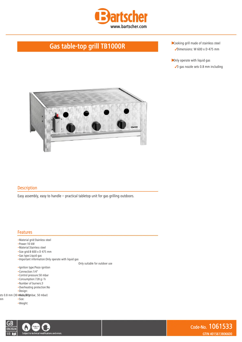 First page image of the manual for TB1000R