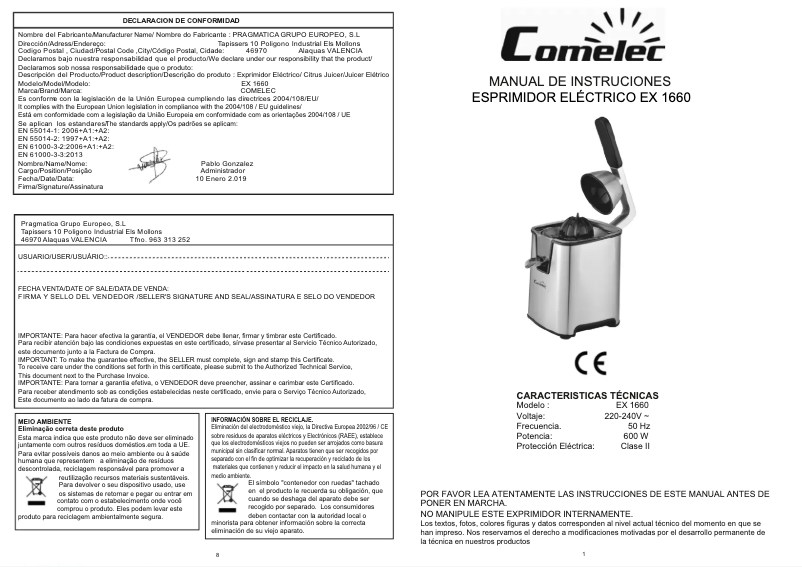 Page 1 of the manual User Manual Comelec EX 1660
