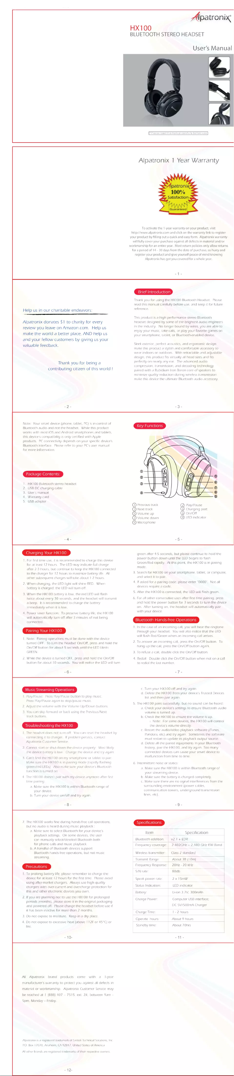 First page image of the manual for HX100