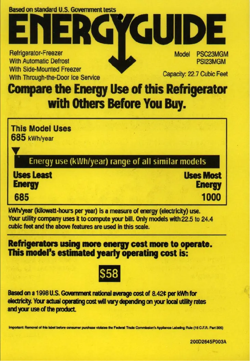 Page 1 of the manual Energy Label GE PSI23MGMWW