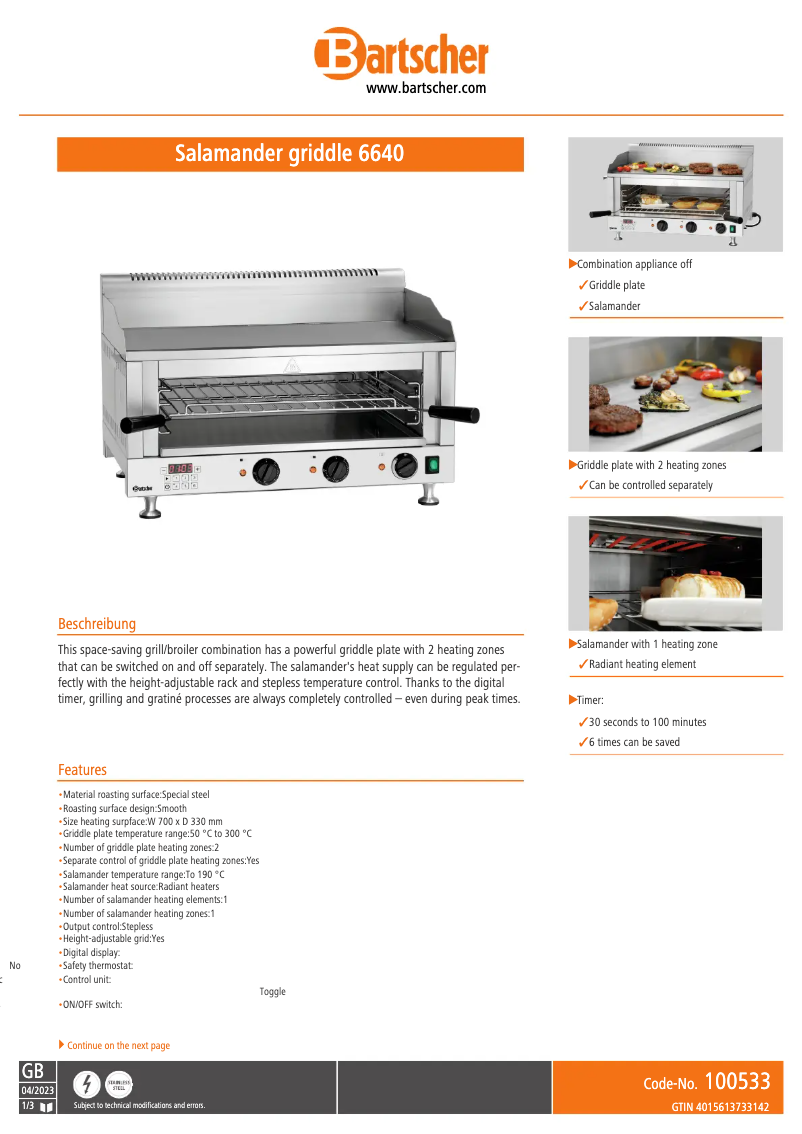 Page 1 of the manual Technical Sheet Bartscher 100533