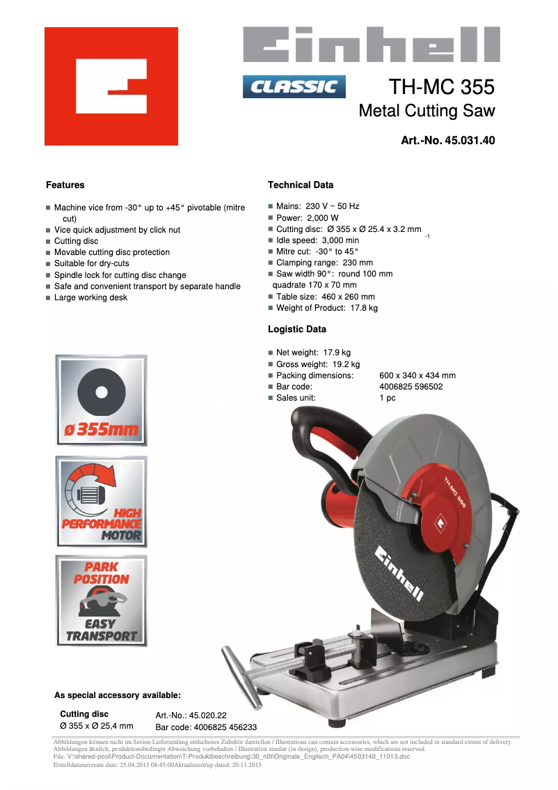 Page 1 of the manual Technical Sheet Einhell TH-MC 355