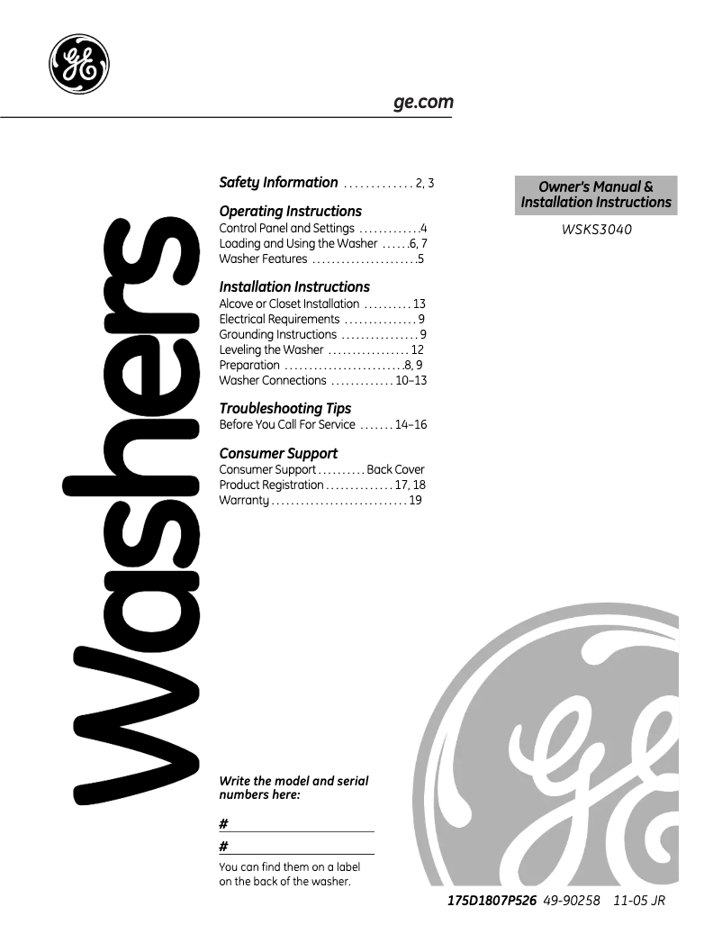 First page image of the manual for WSKS3040EWW