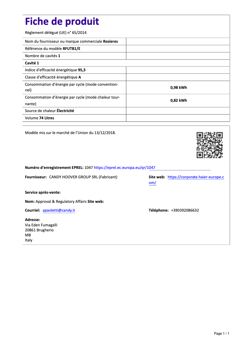Page 1 of the manual Technical Sheet Rosieres RFUT B1/E
