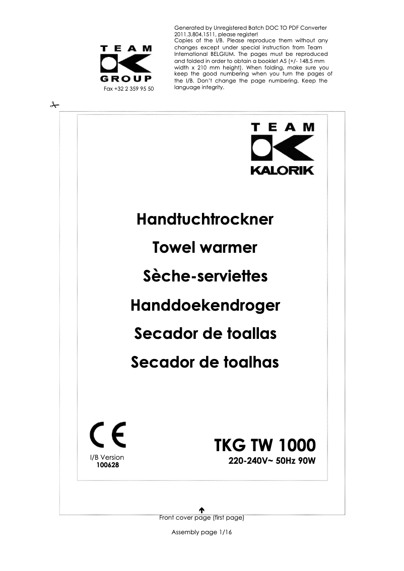 Page 1 of the manual User Manual Kalorik TKG TW 1000