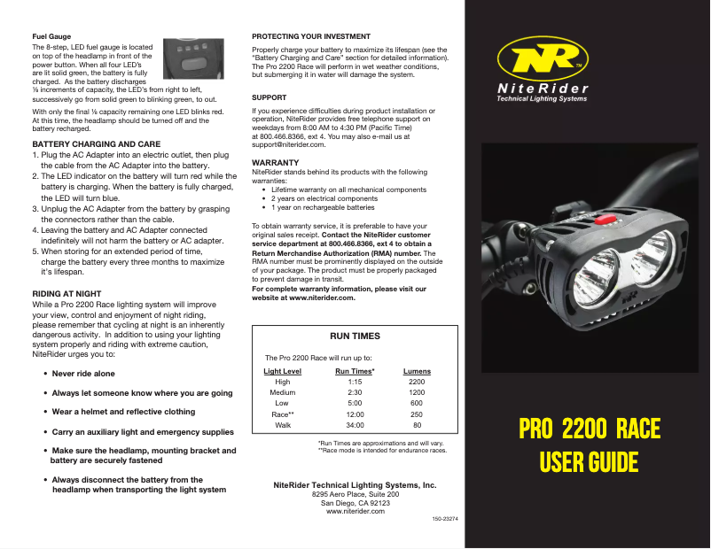 Page 1 of the manual User Manual NiteRider Pro 2200 Race