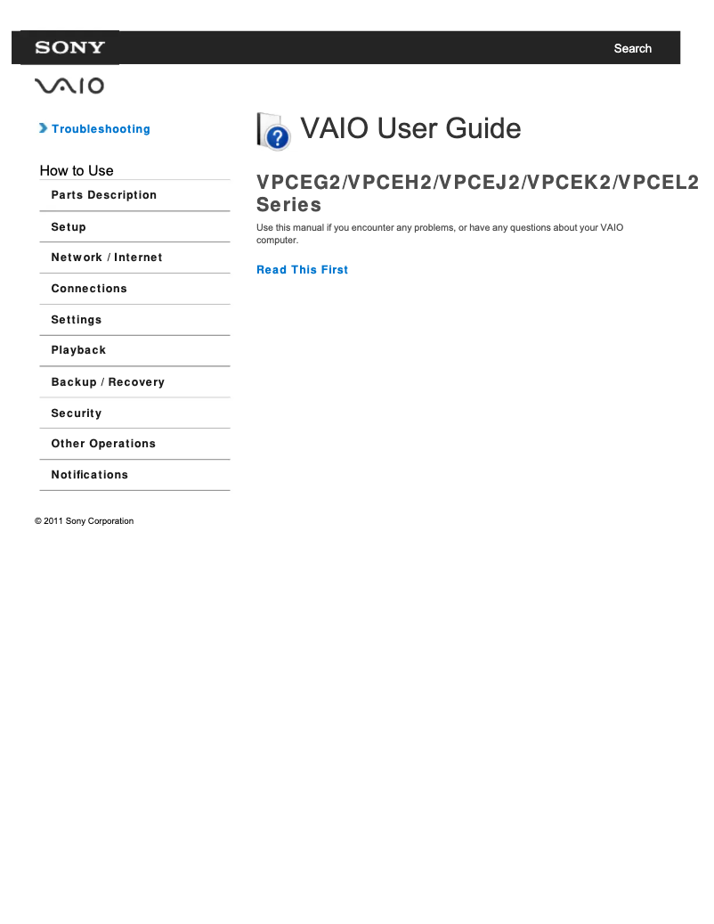 First page image of the manual for Vaio VPCEH27FX