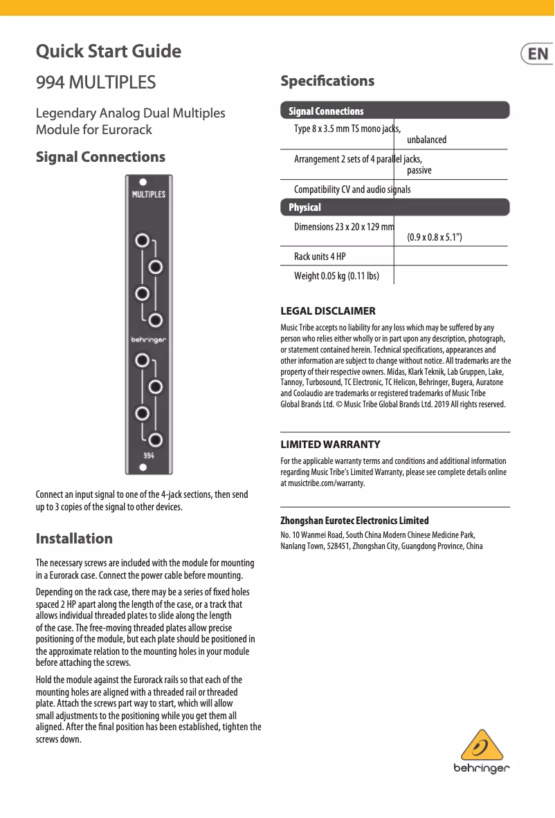 Page 1 of the manual User Manual Behringer 994