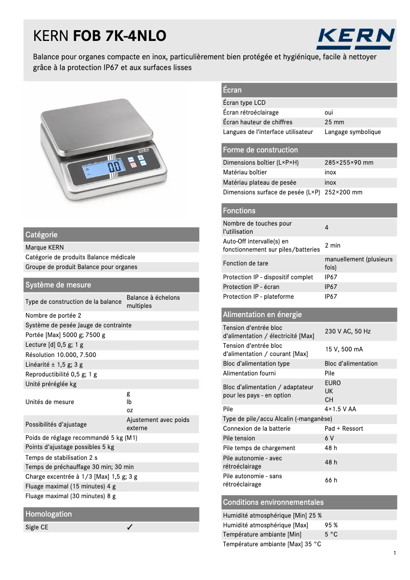 Page 1 of the manual Technical Sheet Kern FOB 7K-4NLO