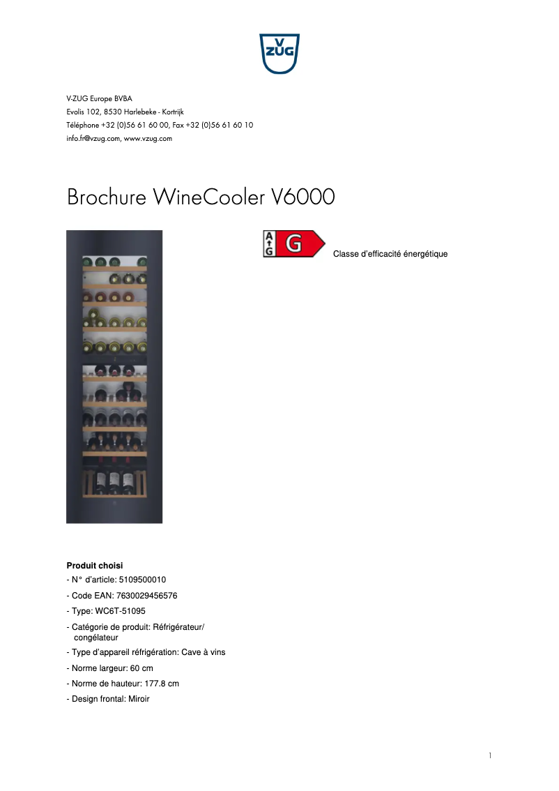 Page 1 of the manual Brochure V-Zug WineCooler V6000