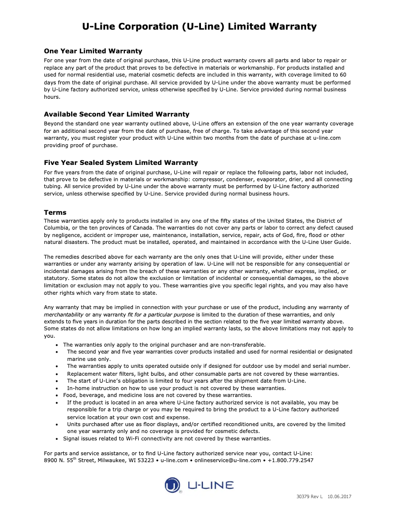 Page 1 of the manual Warranty Information U-Line UHWC518-SG41A