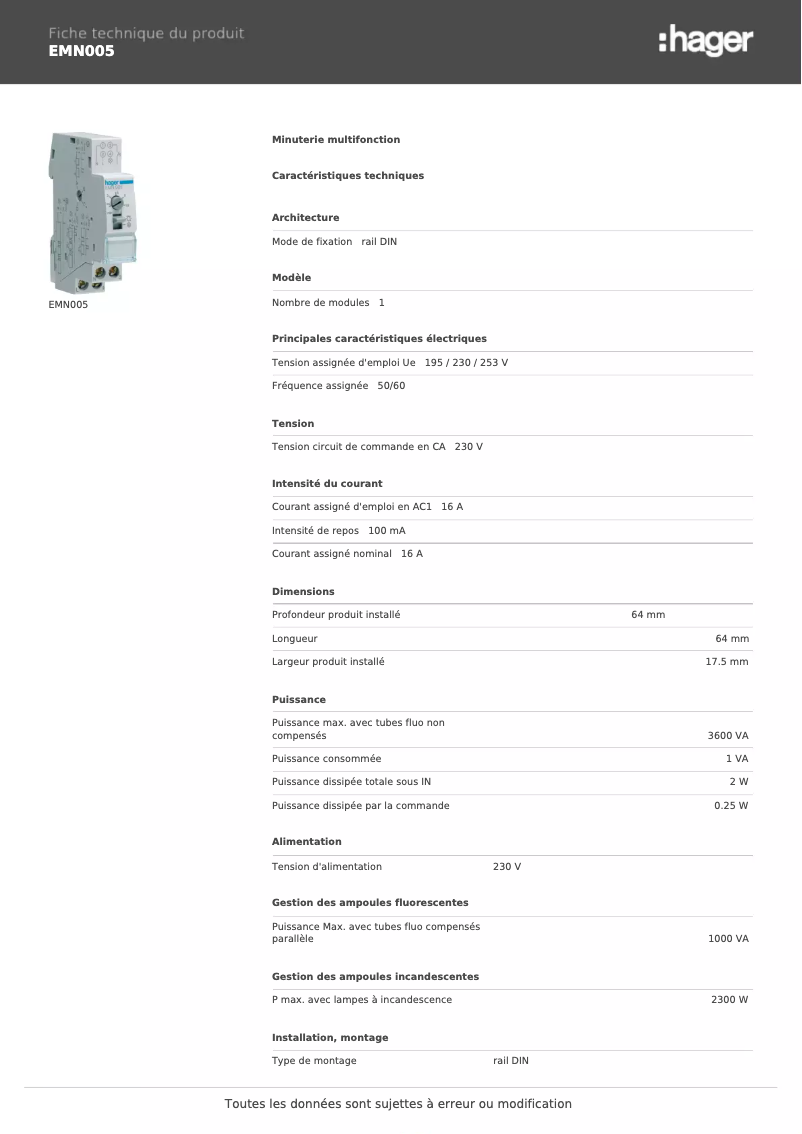 Page 1 of the manual Technical Sheet Hager EMN005
