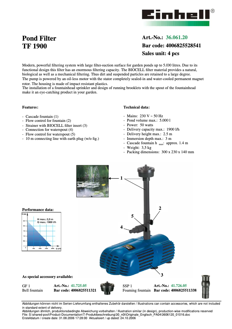 Page 1 of the manual Technical Sheet Einhell TF 1900