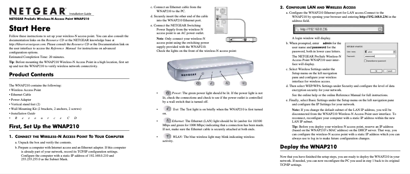 First page image of the manual for ProSafe WNAP210