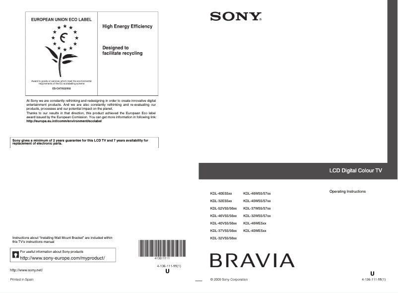 Page 1 of the manual User Manual Sony Bravia KDL-32W5740