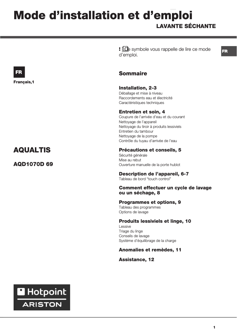 First page image of the manual for AQD1070D 69 FR