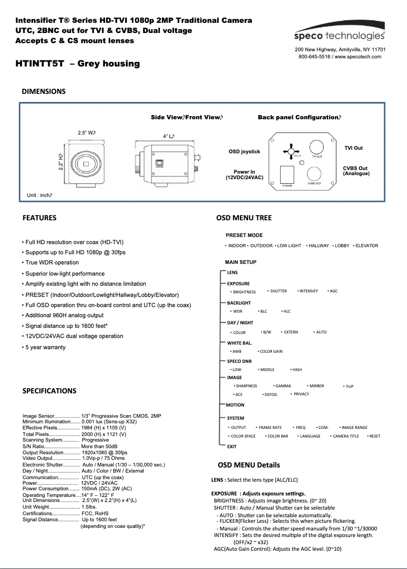 Page 1 of the manual User Manual Speco Technologies HTINTT5T