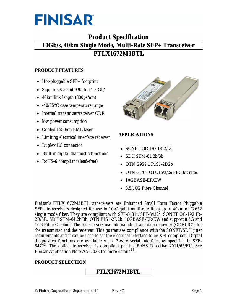 Page 1 of the manual User Manual Finisar FTLX1672M3BTL