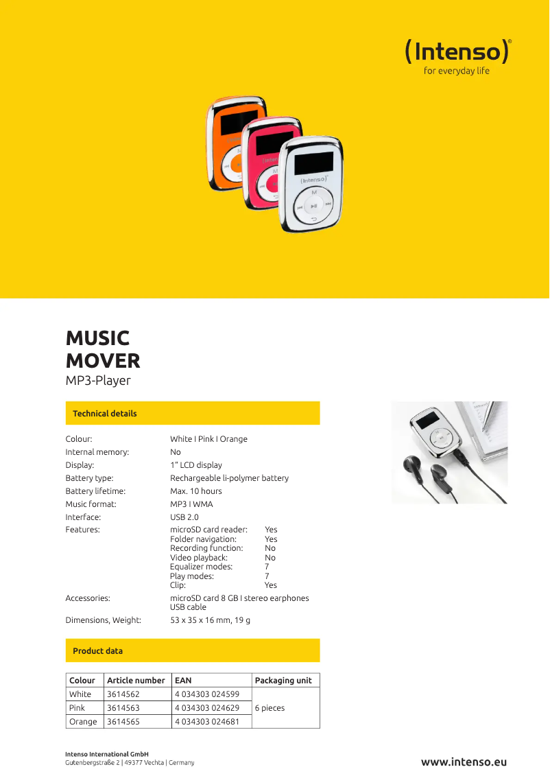 Page 1 of the manual Technical Sheet Intenso Music Mover