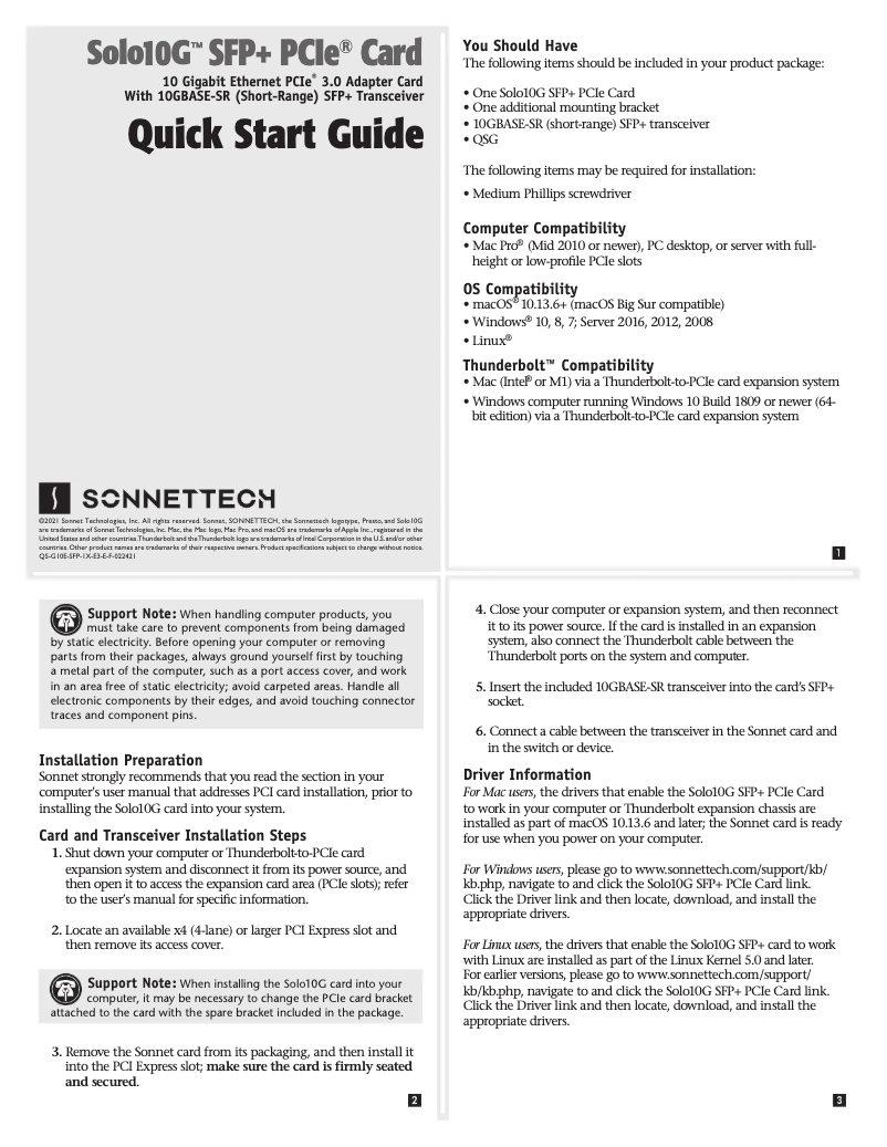 Page 1 of the manual User Manual Sonnet G10E-SFP-1X-E3