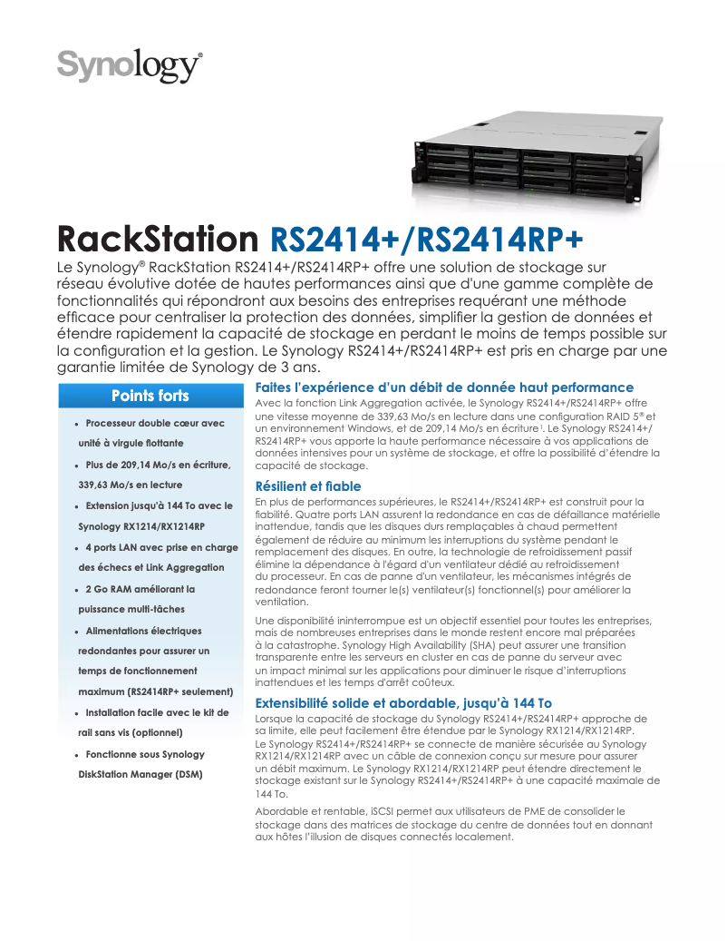 Page 1 of the manual Technical Sheet Synology RackStation RS2414RP+