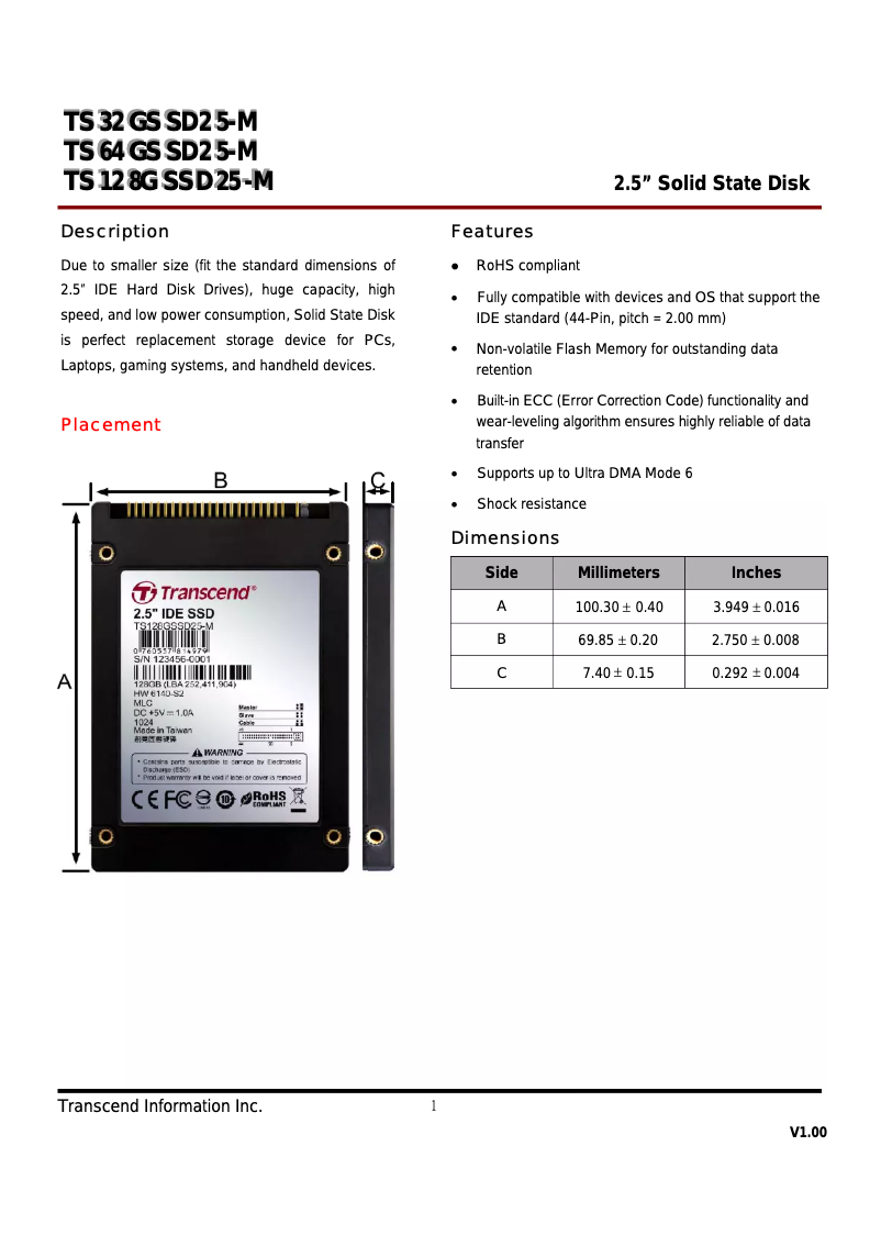 Page 1 of the manual User Manual Transcend IDE SSD TS128GSSD25M
