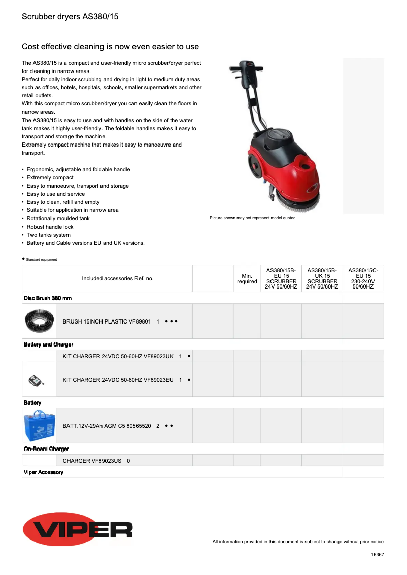 Page 1 of the manual Technical Sheet Nilfisk AS380