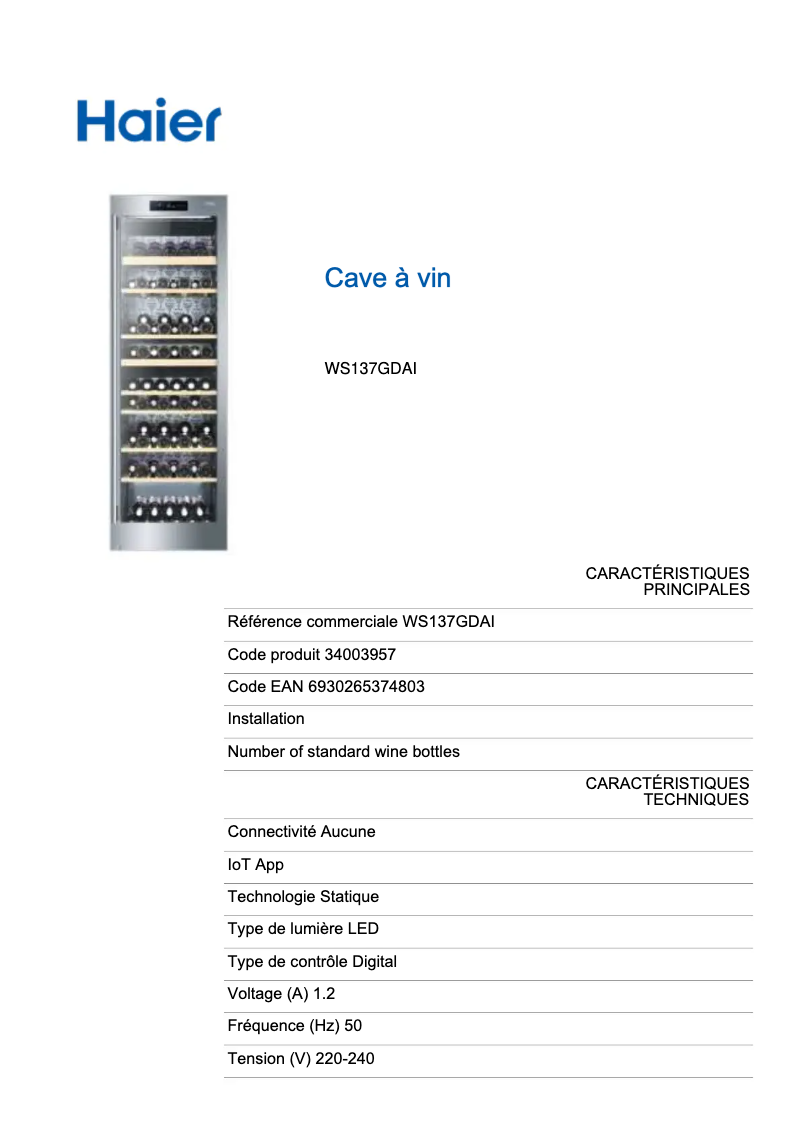 First page image of the manual for WS137GDAI