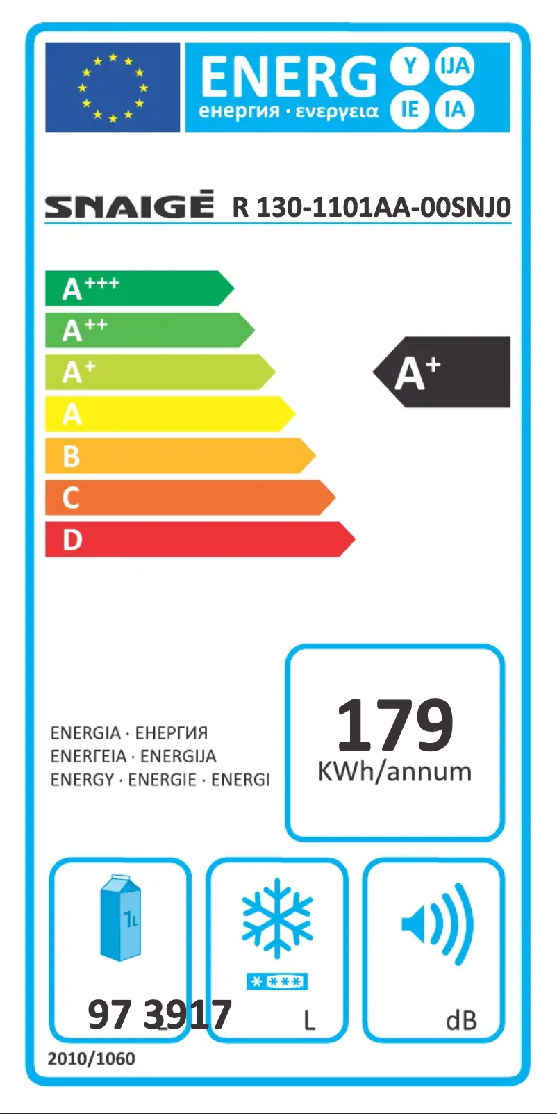 Page 1 of the manual Energy Label Snaigė R13SM-P6000F1