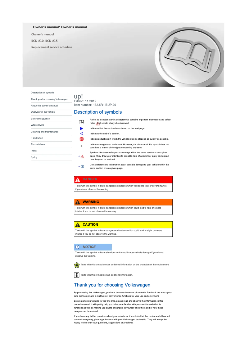Page 1 of the manual User Manual Volkswagen Up! (2014)