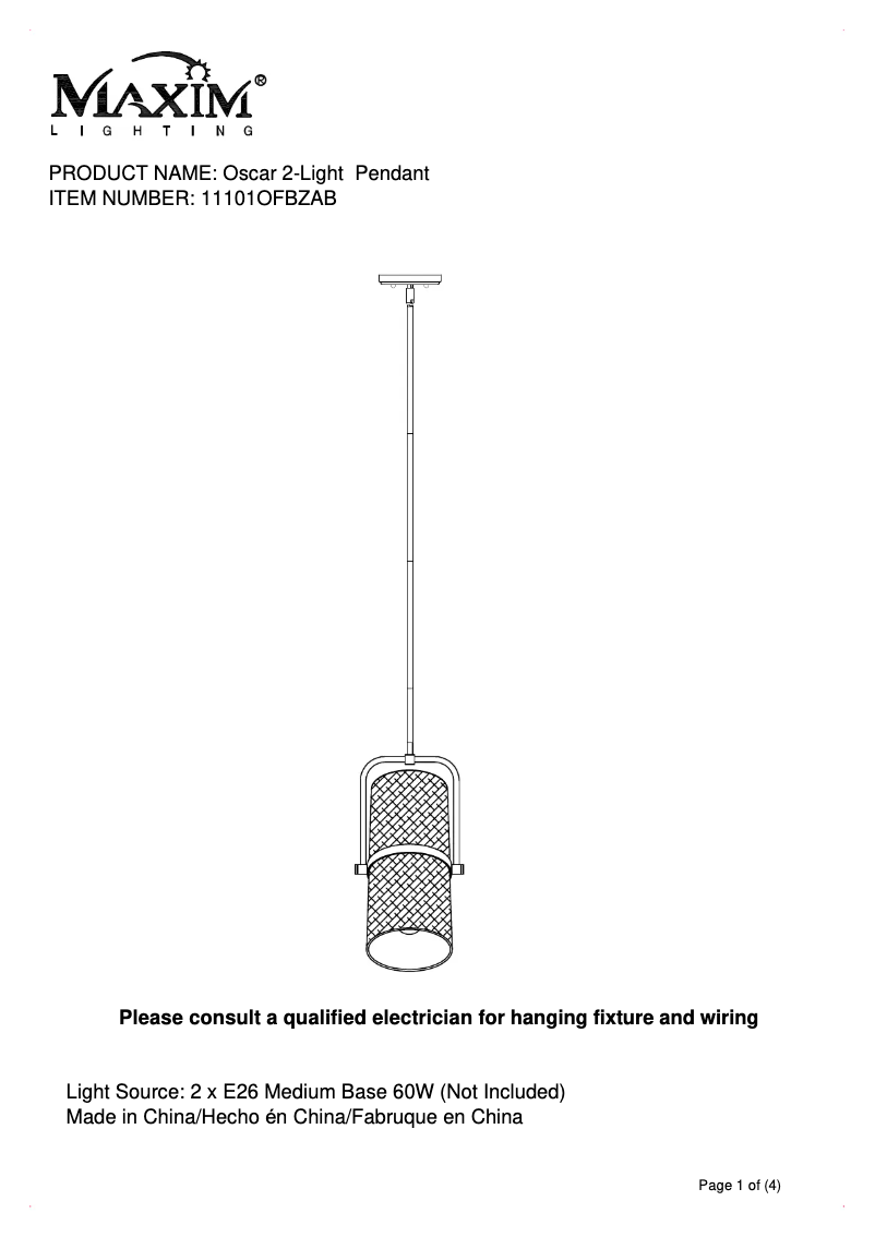 First page image of the manual for Oscar 11101OFBZAB