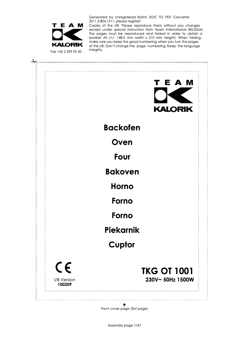 First page image of the manual for TKG OT 1001