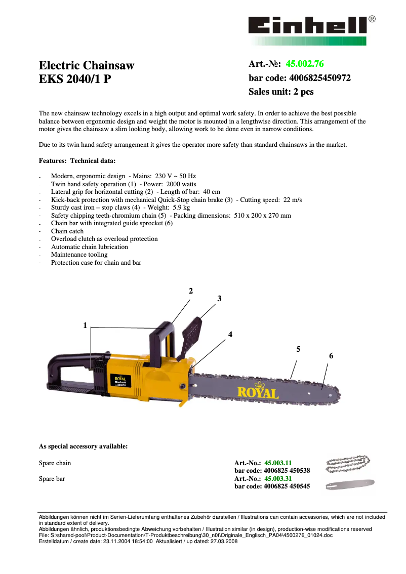 First page image of the manual for Royal EKS 2040/1 P