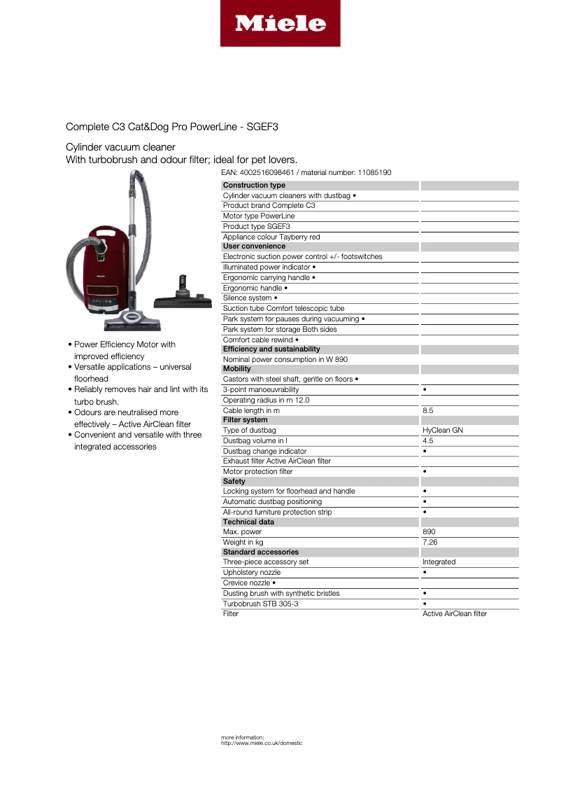 Page 1 of the manual Technical Sheet Miele Complete C3 Cat & Dog Pro PowerLine