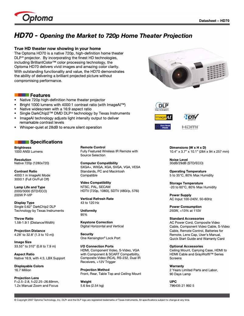 Page 1 of the manual User Manual Optoma HD70