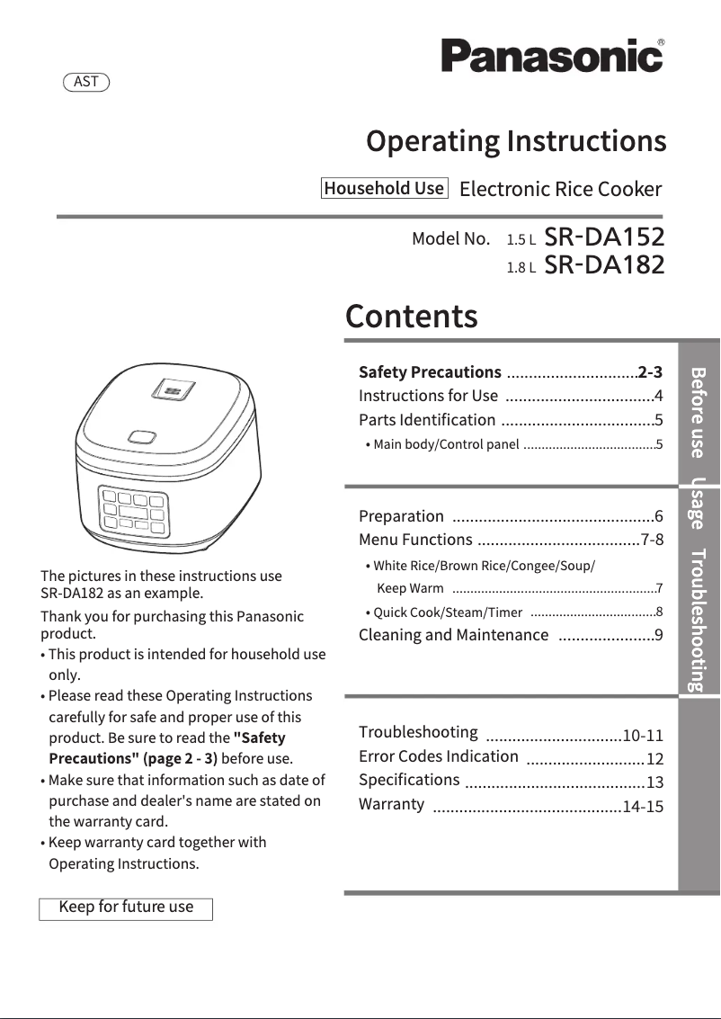 Page 1 of the manual User Manual Panasonic SR-DA152