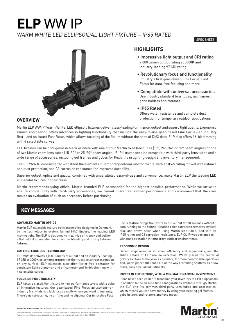 Page 1 of the manual Technical Sheet Martin ELP WW IP LED Profile