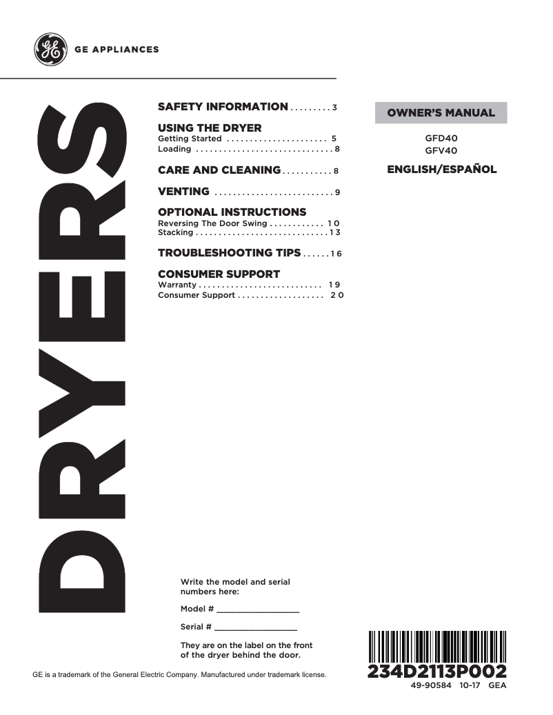 First page image of the manual for GFD40GSCMWW