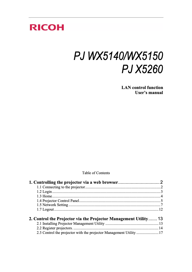 Page 1 of the manual User Manual Ricoh PJ WX5140