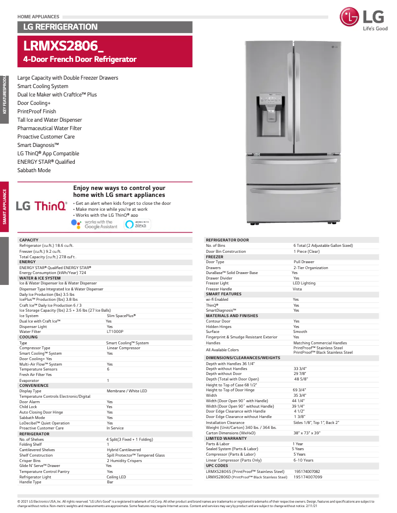 Page 1 of the manual Technical Sheet LG LRMXS2806D