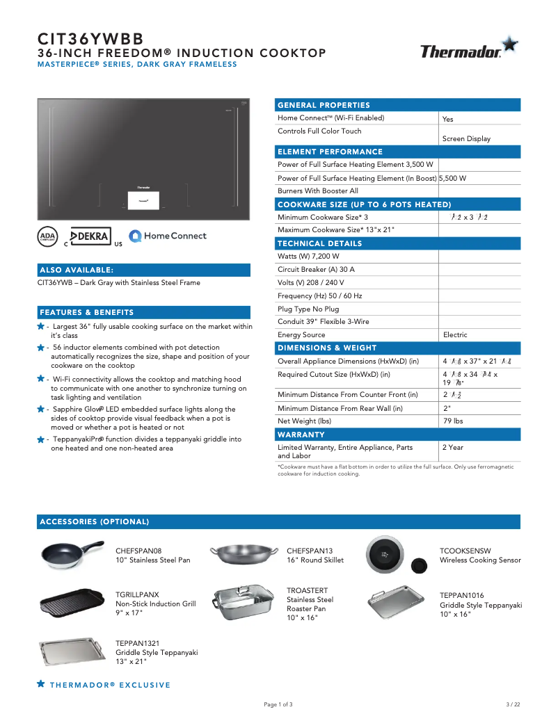 Page 1 of the manual Technical Sheet Thermador CIT36YWBB