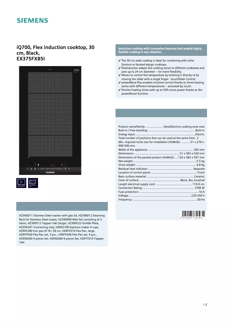 Page 1 of the manual Technical Sheet Siemens EX375FXB5I