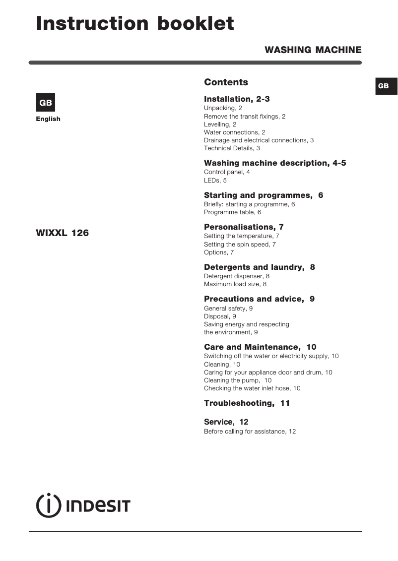 Page 1 of the manual User Manual Indesit WIXXL 126 (EU)