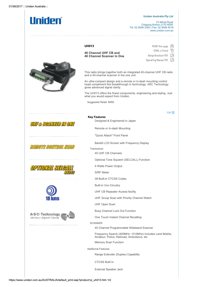 Page 1 of the manual User Manual Uniden UH013