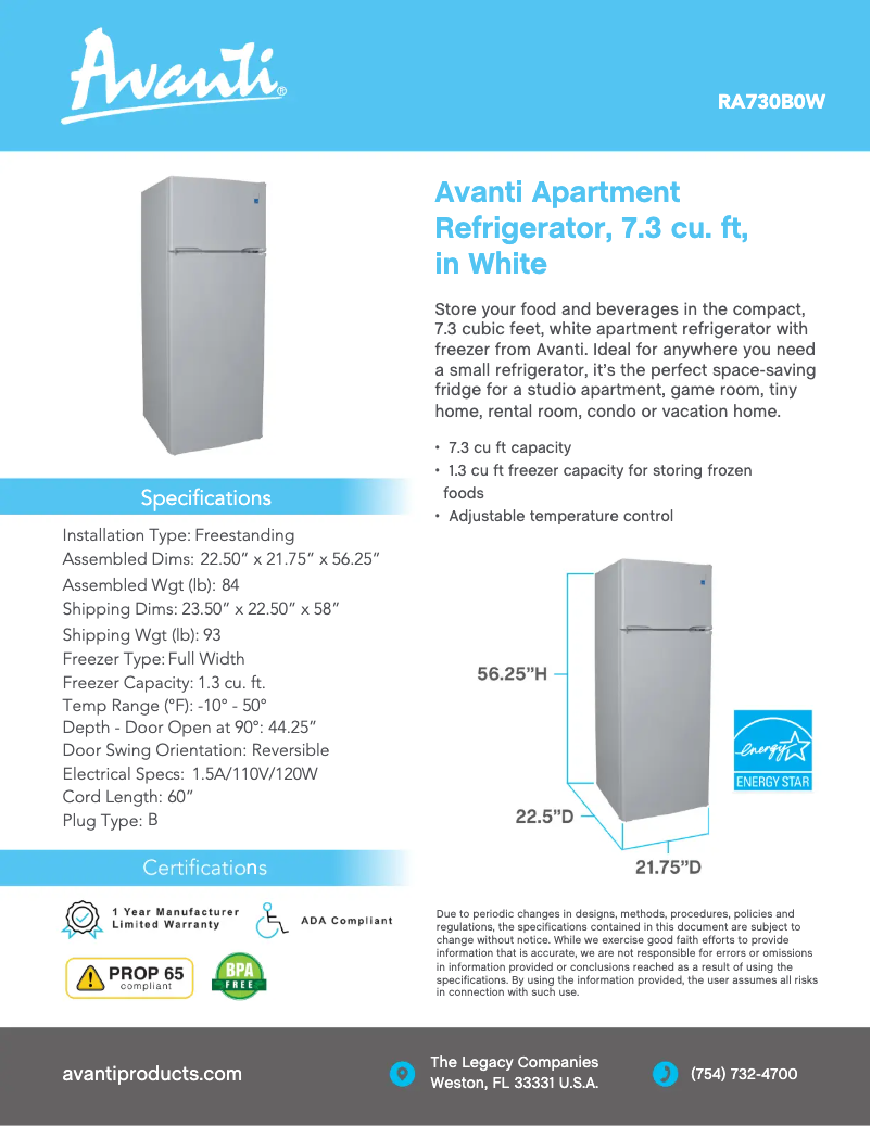 Page 1 of the manual Technical Sheet Avanti RA733B3S