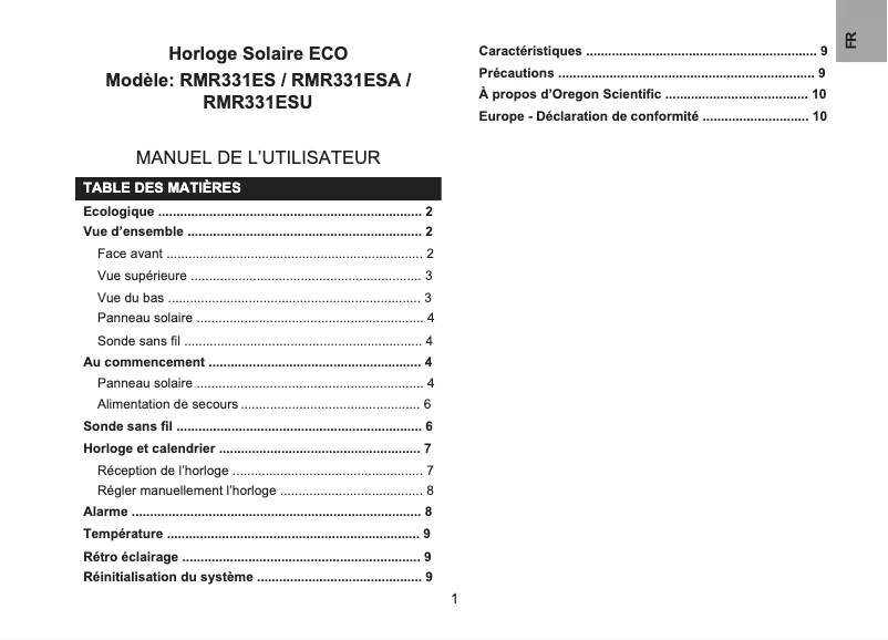 Page 1 of the manual User Manual Oregon Scientific RMR331ES
